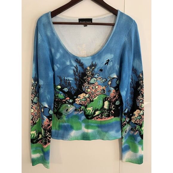 Vintage Frank Lyman Top Women's XL Ocean Scene All Over Print Jewelled Beading - Picture 1 of 9